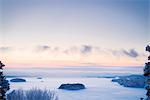 Finland, Pirkanmaa, Tampere, Landscape with frozen lake at dusk