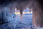 Kharantsy ice caves and icicles, Baikal Lake, Olkhon Island, Siberia, Russia