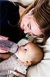 Overhead view of mid adult woman feeding bottle to baby daughter on sofa