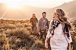 Friends rambling on grassland smiling