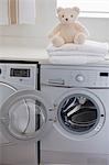 Teddy bear on washing machine at home