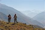 Trekkers make their way east down the Juphal Valley in Lower Dolpa in west Nepal, Himalayas, Nepal, Asia
