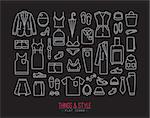Set of clothes icons in flat style drawing with white lines on black background