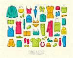 Set of clothes icons in flat retro style drawing with color and grey lines on beige background