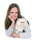 white persian cat and teenager in front of white background