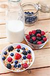 Healthy and nutritious bio yogurt with cereal and fresh raw berries