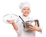 laughing little boy-cook with pan and lid in hands isolated on white background