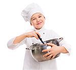 laughing little boy-cook with pan in hands isolated on white background