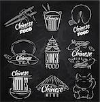 Set of symbols icons chinese food in retro style lettering chinese noodles, lucky cat, chinese tea, chopsticks, fortune cookies, chinese takeout box, stylized drawing with chalk on blackboard