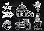 Farm characters in vintage style lettering in tractor barn and the mill and the sign field stylized drawing with chalk on blackboard