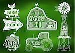 Farm characters in vintage style lettering in tractor barn and the mill and the sign field stylized drawing in green