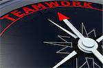 Black compass with teamwork word on it, 3D rendering