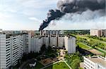 Black smoke from a major fire in a Moscow, Russia