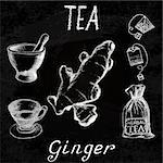 Ginger herbal tea. Chalk board set of vector elements on the basis hand pencil drawings. Ginger root, tea bag, mortar and pestle, textile bag, cup. For labeling, packaging, printed products