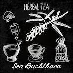 Sea buckthorn herbal tea. Chalk board set of vector elements on the basis hand pencil drawings. Sea buckthorn, tea bag, mortar and pestle, textile bag, cup. For labeling, packaging, printed products