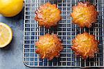 Lemon muffins cakes, financiers on a cooling rack Blue stone background Top view