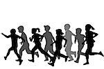 Children silhouettes running on white background