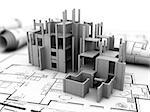 3d illustration of concrete building construction and blueprints