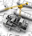 3d illustration of crane and concrete building constrution over blueprints background