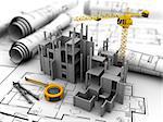 abstract 3d illustration of construction over blueprints