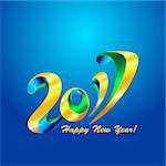 New Year 2017 celebration background. Happy New Year colorful digital type on blue background with confetti. Greeting card template. Vector illustration.