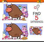 Cartoon Illustration of Finding Differences Educational Activity Task for Preschool Children with Bull in a China Shop Saying