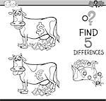 Black and White Cartoon Illustration of Finding Differences Educational Activity Task for Preschool Children with Cash Cow Saying for Coloring Book