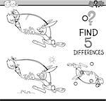 Black and White Cartoon Illustration of Finding Differences Educational Activity Task for Preschool Children with Dangling a Carrot Saying for Coloring Book