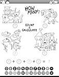 Black and White Cartoon Illustration of Educational Mathematical Count and Calculate Activity Game for Preschool Children Coloring Book