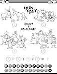 Black and White Cartoon Illustration of Educational Mathematical Count and Calculate Activity Task for Preschool Children Coloring Book