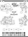 Black and White Cartoon Illustration of Educational Mathematical Count and Addition Activity Game for Preschool Children Coloring Book