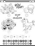 Black and White Cartoon Illustration of Educational Mathematical Count and Addition Activity Task for Preschool Children Coloring Book