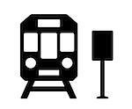 isolated black icon with train and station sign silhouette