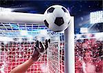 Goalkeeper saves the ball away with backgrounds fans in the stadium. 3D Rendering