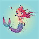 Vector Illustration of a Lovely Mermaid Under the Sea Hand Drawn, Doodle Cartoon Character