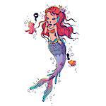Vector Illustration of a Lovely Mermaid and Friends on White Background Hand Drawn, Doodle Cartoon Character