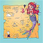 Vector Illustration of a Mermaid and Treasure Map Under the Sea Hand Drawn, Doodle Cartoon Character