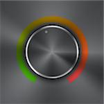 Volume button (music knob) with metal texture (steel, chrome), green to red lights scale and dark background. Volume button from 0 to 100 colorful scale. Vector illustration.