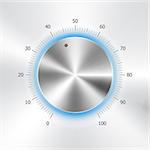 Volume button (music knob) with metal texture (steel, chrome), blue light scale and light background. Volume button from 0 to 100 scale. Vector illustration.