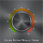 Volume button (music knob) with metal texture (steel, chrome), green to red lights scale and light background. Volume button from 0 to 100 scale. Vector illustration.