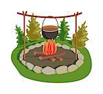 Isolated bonfire with camping pot on white and pot on bonfire camping fresh warm food. Vector pot on bonfire picnic travel and pot on bonfire soup camp food. Cook heat water soup in kettle.