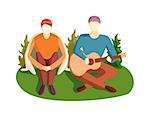 Romantic young man playing an acoustic guitar song, sitting on green grass wooden floor. Young man playing guitar and sings song. Guitar song vector illustration camping man character.