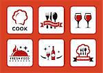 six restaurant icons set on red background