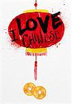 Poster red paper lantern with feng shui Chinese coin lettering I love chinese drawing with drops and splash on watercolor paper background