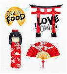 Chinese symbols fortune cookies, kokeshi doll, gate, chinese fan drawing with drops and splash on watercolor paper background