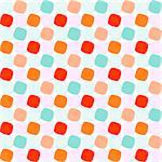 Abstract geometric pattern with orange, blue, and pink shaded rounded squares on white background. Seamless repeat.