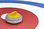 Curling stone with yellow handle in the center of target area