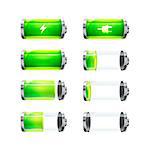 Set of glossy battery icons with different charge level and power signs isolated on white
