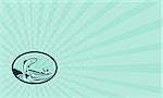 Business card showing illustration of a fly fisherman fishing on boat reeling a trout salmon fish set inside oval shape done in retro style.
