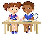 Funny pupils sit on desks read draw clay cartoon asian african isolated illustration